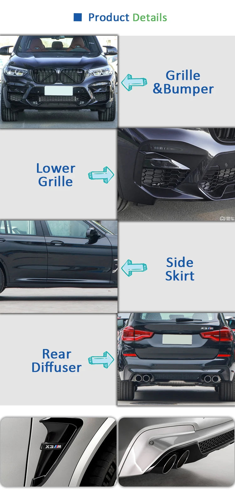 X3 G01 Auto Part Car Bodykit Full Body Kit Set Upgrade F97 X3M Modified Facelift Grille Rear Bumper Spoiler Diffuser Lip
